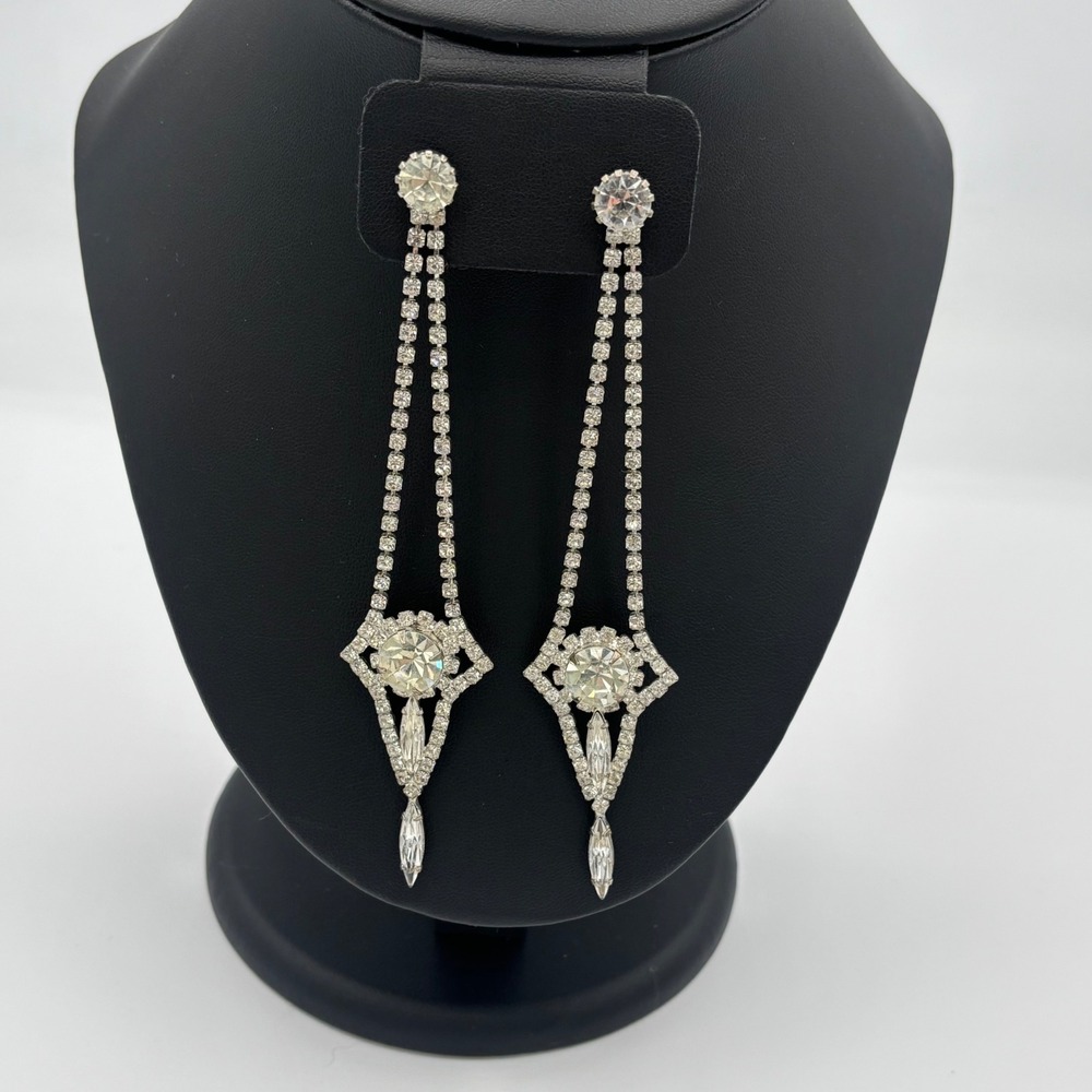 Vintage Art Deco Earrings Rhinestone Dangle Women Silver Shoulder Duster